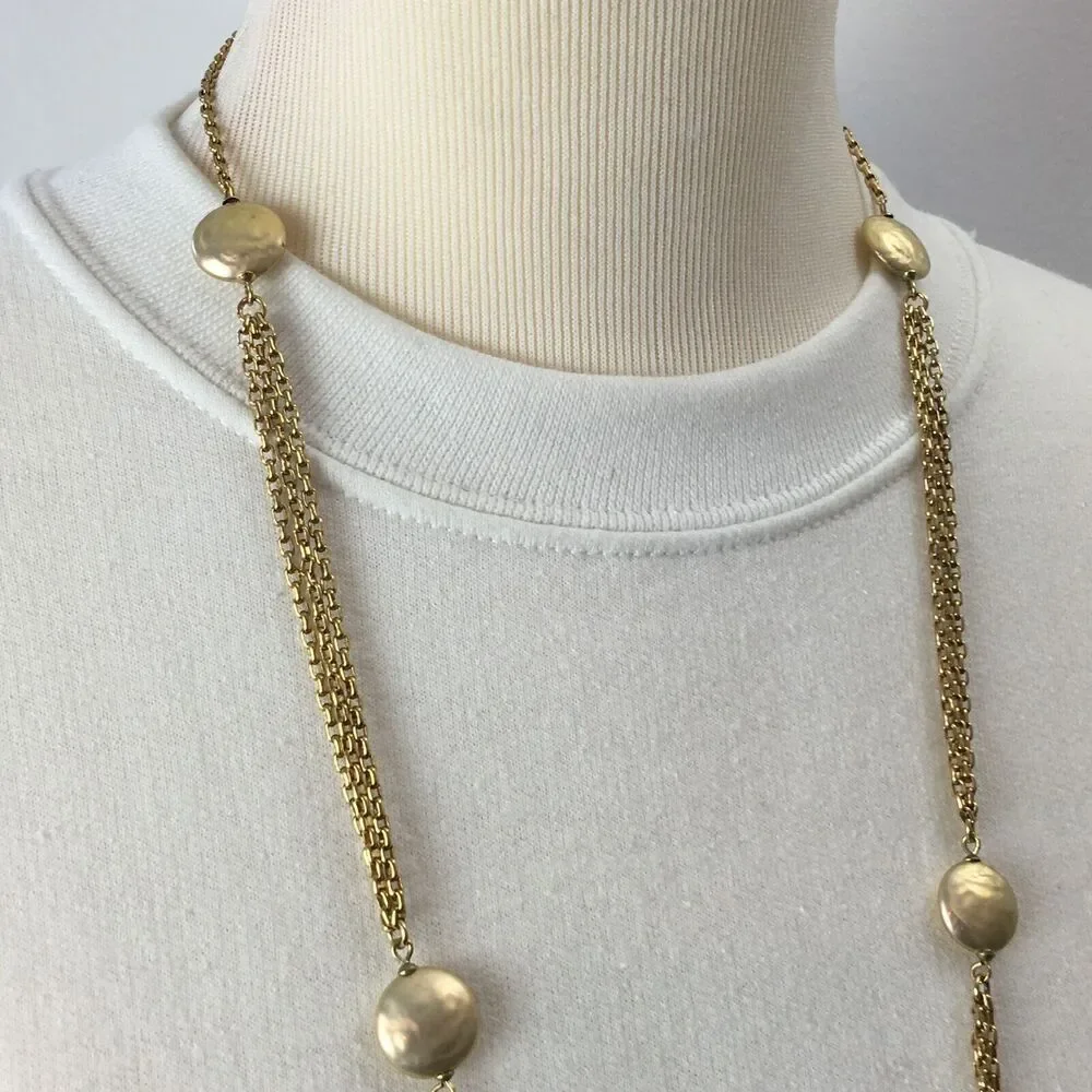Anne Klein Vintage AK Faux Button Pearl Gold Tone Chain 36in Rope Necklace